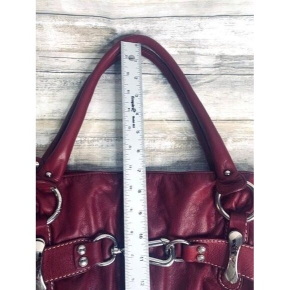 B. Makowsky Red / Purple Soft Leather Tote Bag with Leopard Lining & Zip Pockets - Picture 10 of 11